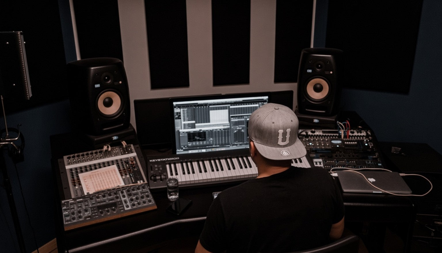 Music producer working at production workstation in Johannesburg
